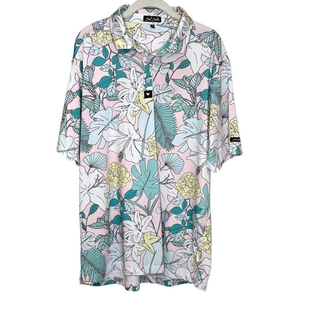 Bad Birdie Polo Shirt Mens XL Pastel Floral Golf Performance Stretch Made Korea